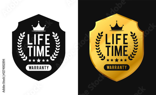 Lifetime warranty label design shield shape. Vector isolated in flat style. For icon, logo, insigna, seal, tag, sign, seal, symbol, badge, stamp, sticker, emblem, banner