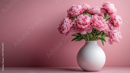 A bouquet of vibrant pink peonies elegantly arranged in a white ceramic vase, set against a soft pink background, creating a harmonious and sophisticated floral composition