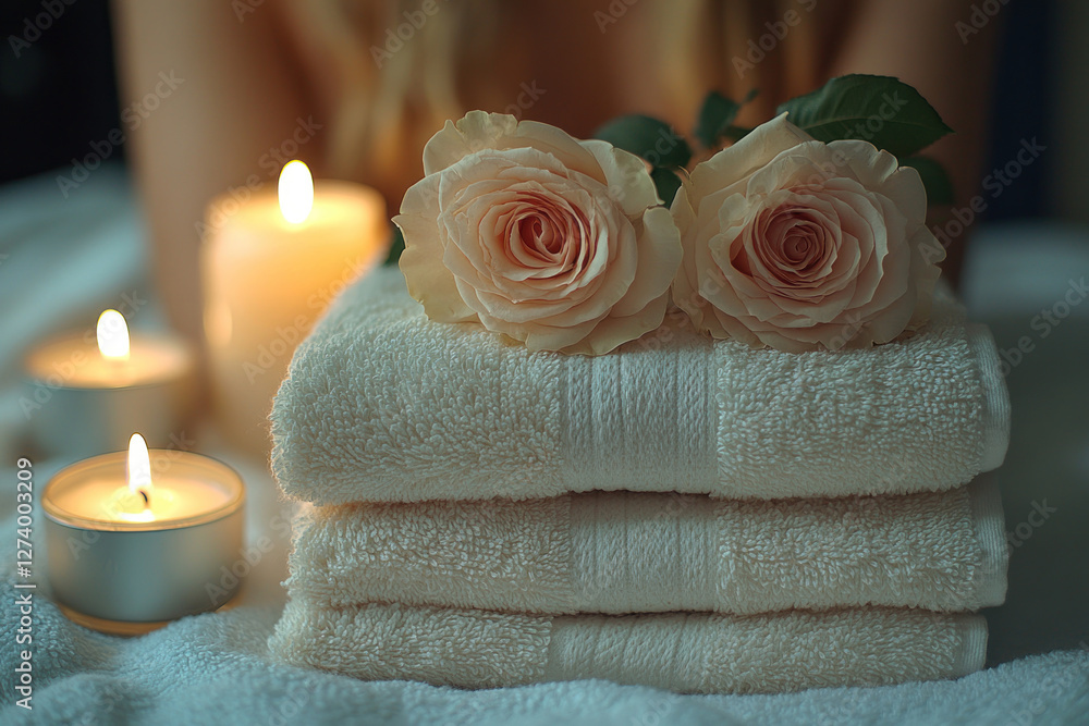 A cozy and relaxing scene in a bathroom or spa. In the foreground, neatly folded white towels are visible, with two fresh, light-colored roses on top. A cozy and relaxing scene in a bathroom or spa. In the foreground, neatly folded white towels are visible, with two fresh, light-colored roses on top.