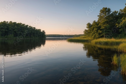 there is a boat that is floating on the water near the trees