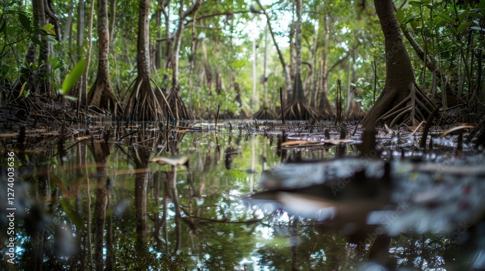 A serene mangrove ecosystem reflected in calm waters, showcasing nature's beauty. A serene mangrove ecosystem reflected in calm waters, showcasing nature's beauty.