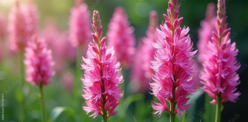 Obraz premium Loose bunch of tall pink flowers with feathery texture, liatris, botanical, stems