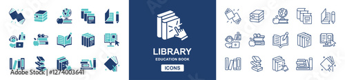 education library book icon set online digital learning media school study course student read book e-learning document library cloud signs vector line illustration