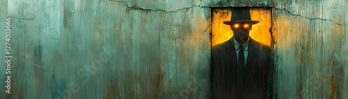 Glowing Detective Silhouette Reflected in Cracked Mirror Observant and Determined to Uncover the Truth photo