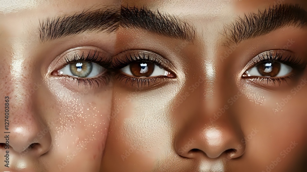 Fototapeta premium Close-up of diverse female eyes with glowing skin, glitter makeup, and defined eyebrows showing mixed ethnicity beauty in modern cosmetic advertising style.