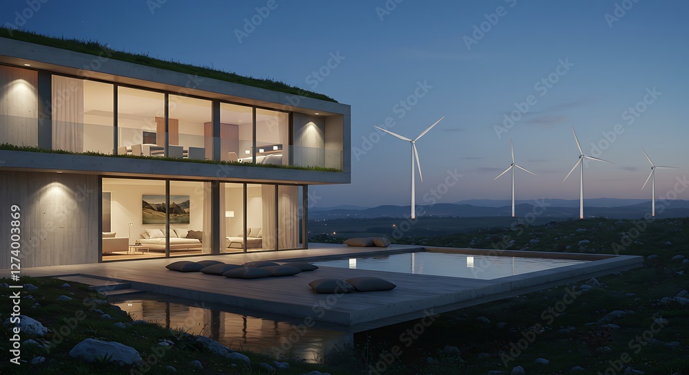 Obraz premium Eco-Modern House with Green Roof Wind Turbines in Nature Setting
