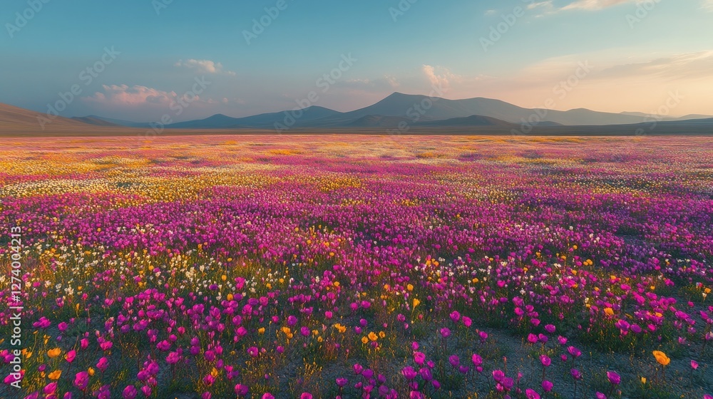 Obraz premium Colorful wildflower field at sunset, mountains in the distance. Possible use stock photo
