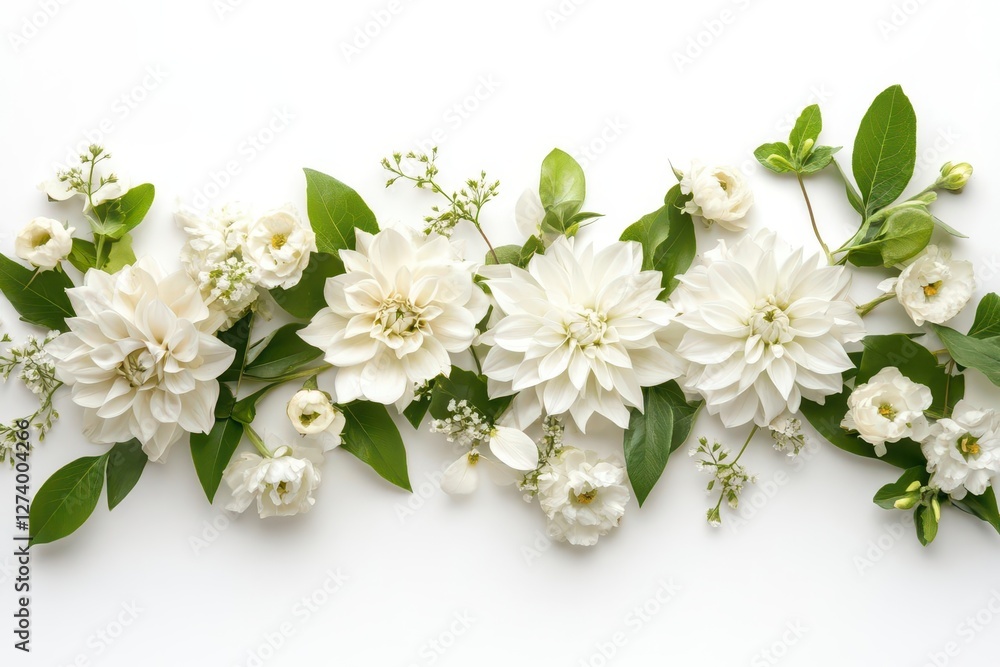 Fototapeta premium a fresh spring flower composition with delicate blooms and foliage arranged in an artistic pattern against pure white, emphasizing negative space