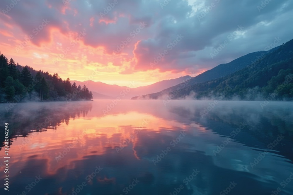 Misty dawn light dances across a tranquil lake, cloudy, natural, water Misty dawn light dances across a tranquil lake, cloudy, natural, water