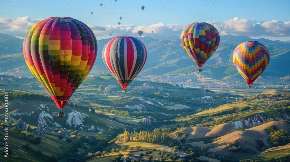 Obraz premium Colorful hot air balloons soaring over a scenic landscape at sunrise.