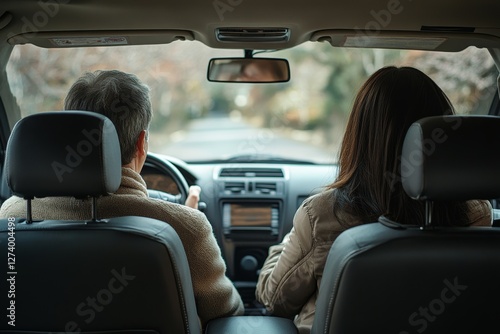 Back view of happy spouses sitting at front seats of their car and smiling to each other, enjoying car trip together