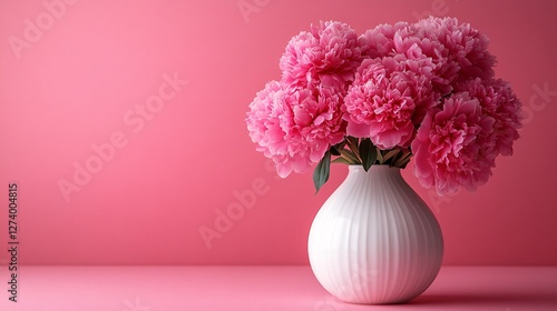 A bouquet of vibrant pink peonies elegantly arranged in a white ceramic vase, set against a soft pink background, creating a harmonious and sophisticated floral composition