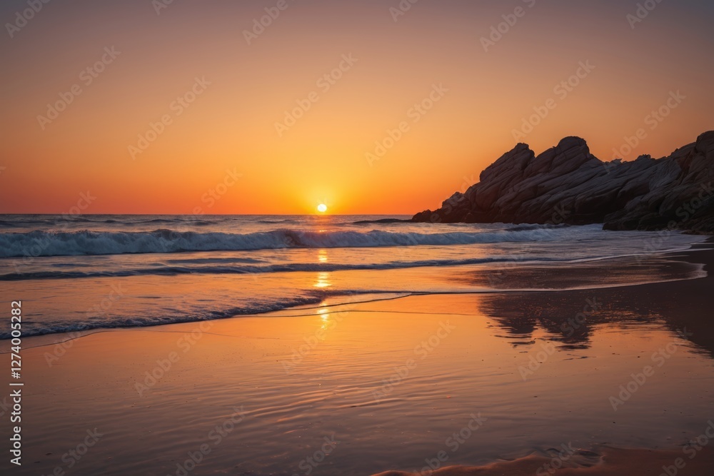 Obraz premium sunset on a beach with waves and rocks in the background