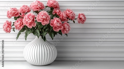 A bouquet of vibrant pink peonies elegantly arranged in a white ceramic vase, set against a soft pink background, creating a harmonious and sophisticated floral composition