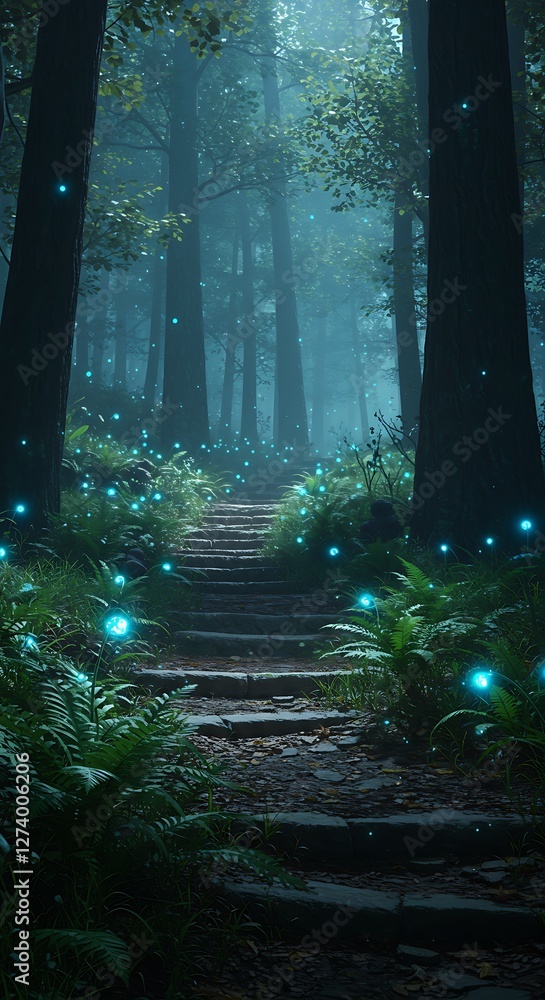 Obraz premium Magical Forest Path with Glowing Lanterns and Fireflies in Lush Green Woodland