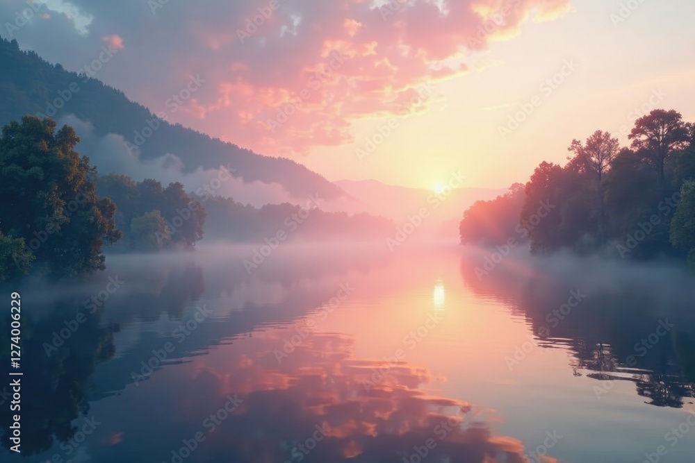 River's surface reflects the misty veil above, soothing, sky River's surface reflects the misty veil above, soothing, sky
