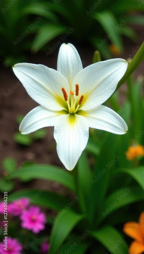 Royal Trinity lily in a garden with other flowers, garden blooms, lily, white flowers Royal Trinity lily in a garden with other flowers, garden blooms, lily, white flowers