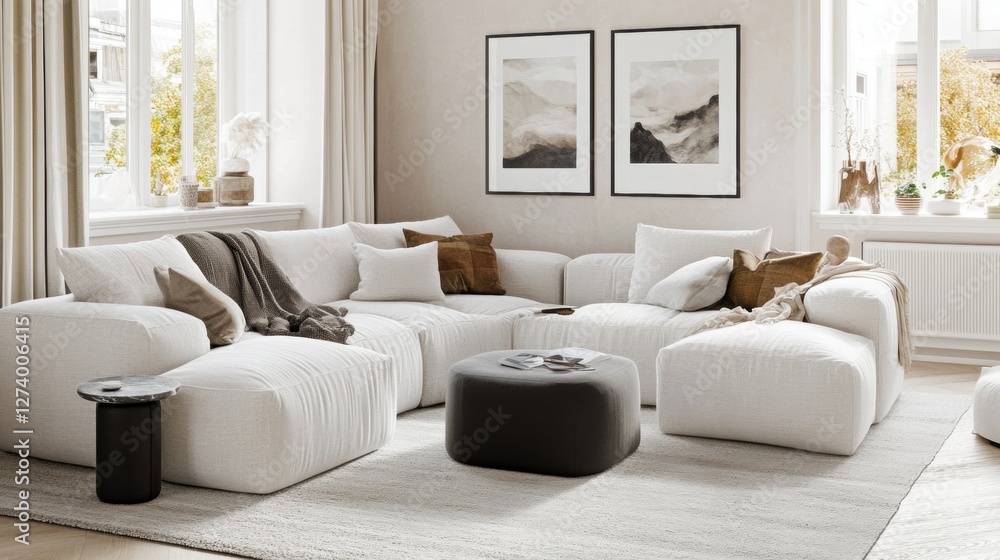 Bright Modern Living Room with Plush White Sectional Couch and Neutral Decor Bright Modern Living Room with Plush White Sectional Couch and Neutral Decor
