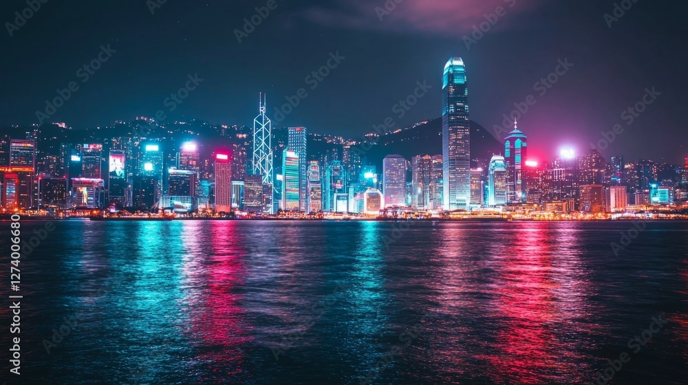 Vibrant Night Cityscape of Hong Kong with Reflections on Water Vibrant Night Cityscape of Hong Kong with Reflections on Water