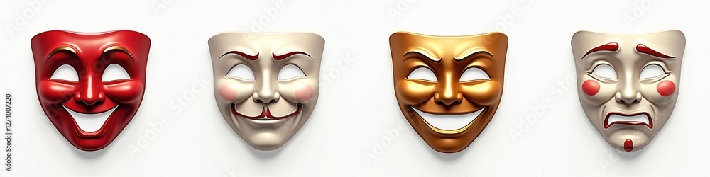 Theatre masks clipart collection of comedy, tragedy. Icons set isolated on transparent background. Gold render of assorted theatre signs elements. Graphic illustration of theater character disguise Theatre masks clipart collection of comedy, tragedy. Icons set isolated on transparent background. Gold render of assorted theatre signs elements. Graphic illustration of theater character disguise