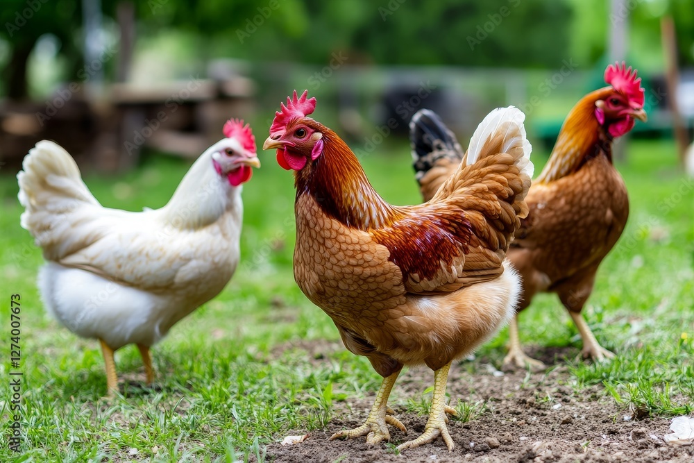 Backyard Chickens Feeding in the Grass - Three hens, one white and two brown, peacefully foraging for food in a lush green yard. Symbolism: rural life, farm freshness, natural food, simple pleasures Backyard Chickens Feeding in the Grass - Three hens, one white and two brown, peacefully foraging for food in a lush green yard. Symbolism: rural life, farm freshness, natural food, simple pleasures