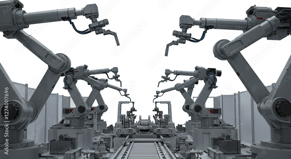 Automated Robotic Arm Assembly Line: Industrial Robots Working in a Factory Setting, Isolated on White.
Automated Robotic Arm Assembly Line: Industrial Robots Working in a Factory Setting, Isolated on White.