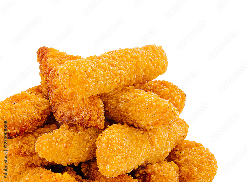 Crispy golden chicken bites stacked on a white background Crispy golden chicken bites stacked on a white background