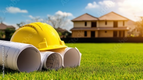 A bright yellow hard hat rests beside rolled blueprints on a green lawn, with a house under construction in the background.