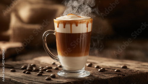 A steaming glass of layered coffee with caramel dripping over the edges sits on a rustic wooden table. photo