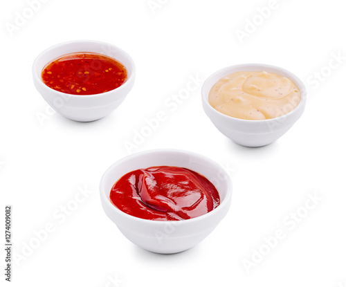 Cuadro en lienzo Three bowls of various sauces on a white background