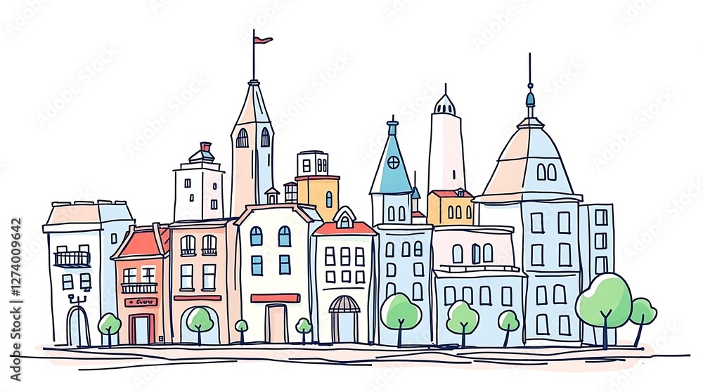 Adorable Hand-Drawn Sketch of a Charming City with Cute Buildings, Streets, and Playful Urban Details Adorable Hand-Drawn Sketch of a Charming City with Cute Buildings, Streets, and Playful Urban Details