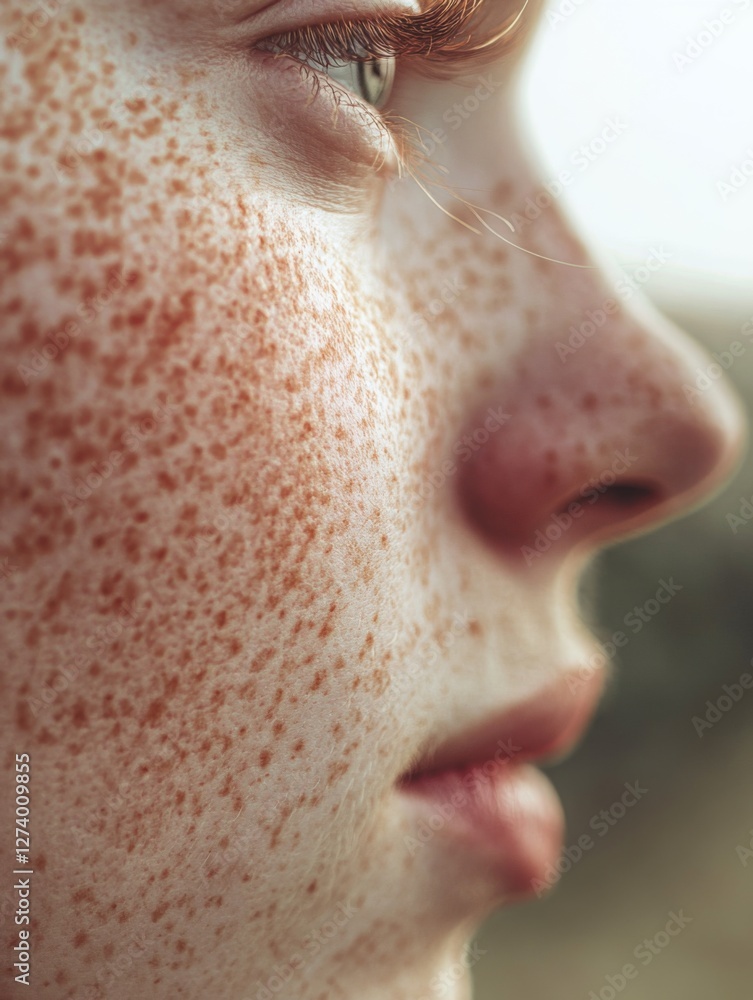 Fototapeta premium Close-up of a person's face with visible skin texture, showcasing natural imperfections and healthy glow, representing authenticity and self-confidence in beauty. 