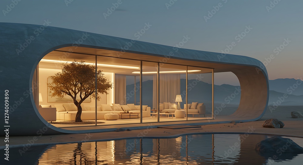 Fototapeta premium Modern Eco House with Tree - Minimalist Sustainable Home Design Natural Setting