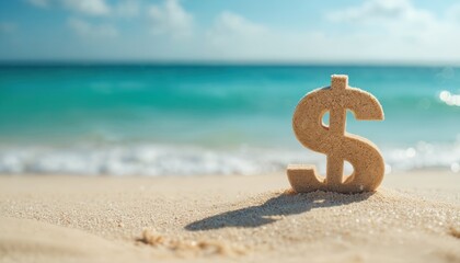 Dollar symbol on sandy beach with turquoise sea. Photo symbolizes financial prosperity, wealth, business, economic success, banking, investment on summer vacation. Saving money at sea resort.