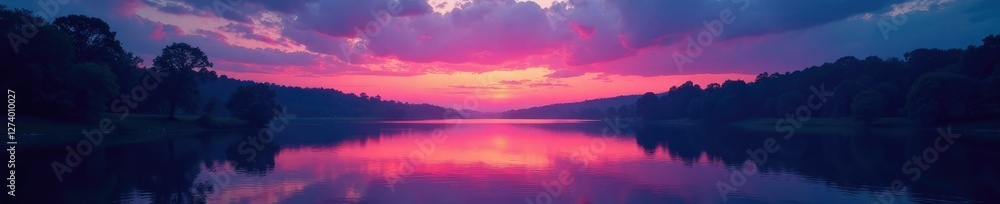 Fototapeta premium Twilight colors in calm river with trees along the shore, peaceful, water, landscape