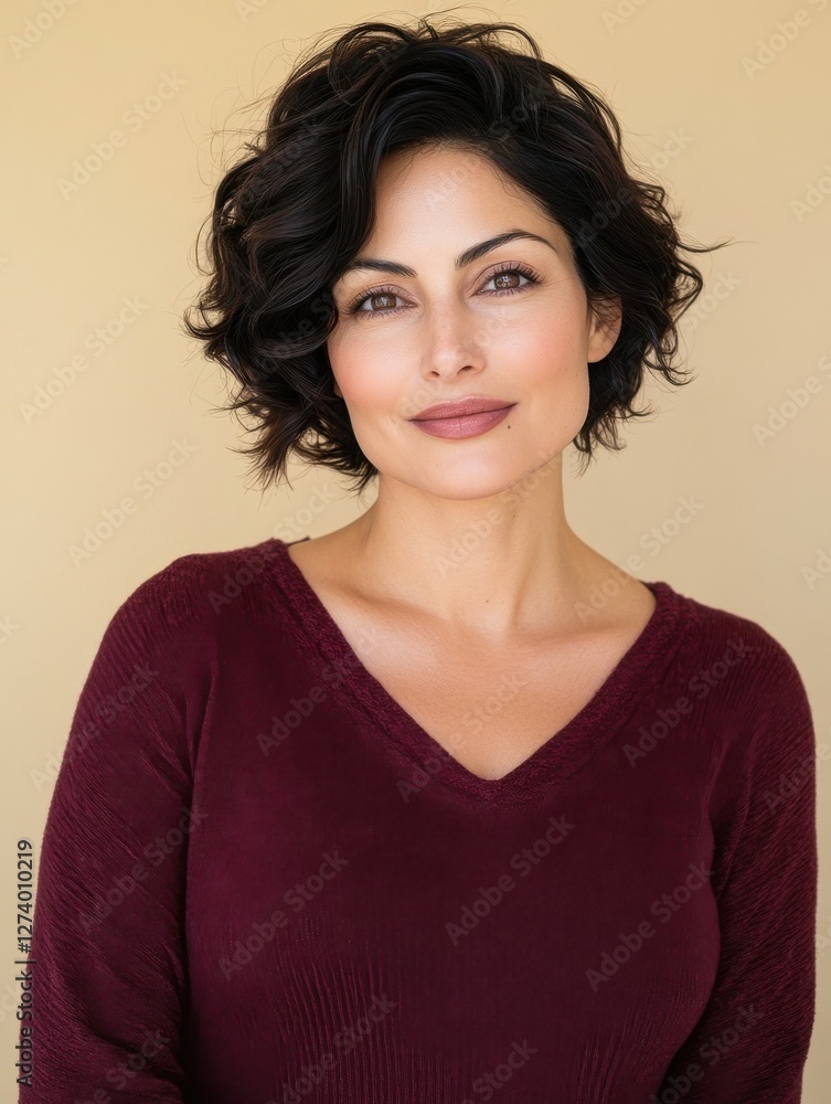 Obraz premium Portrait of a confident young hispanic female with short curly hair and maroon sweater.