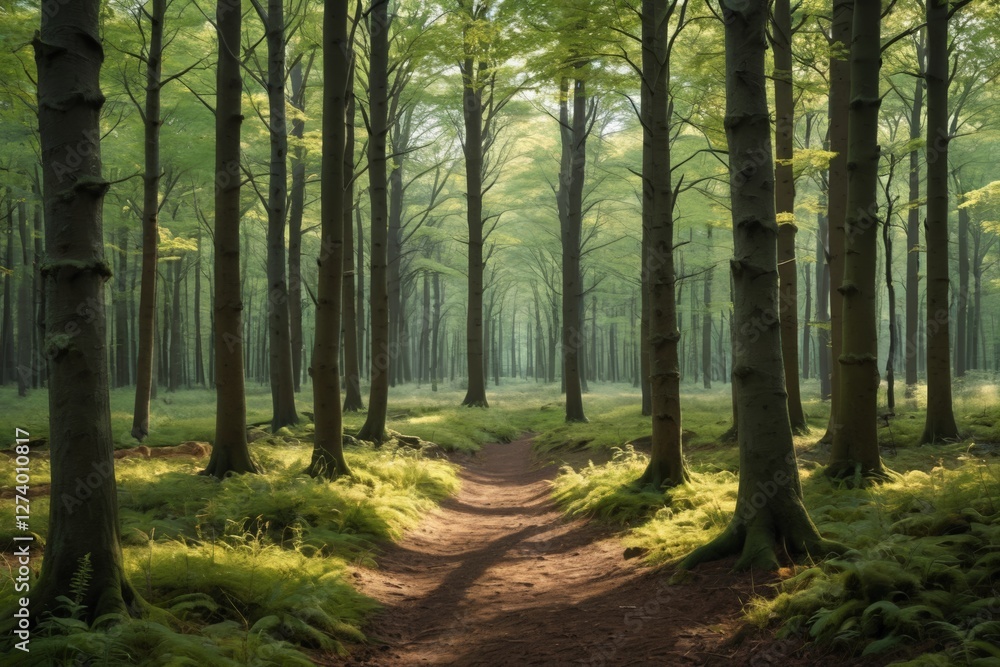 Fototapeta premium there is a path through a forest with tall trees and ferns