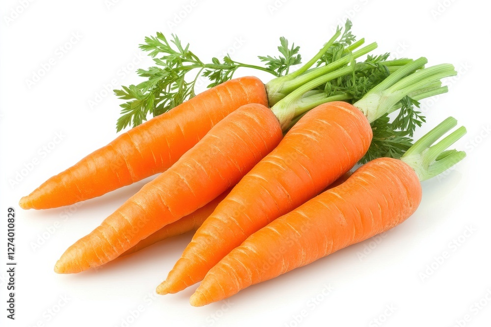 A bunch of vibrant orange carrots with fresh green tops, isolated on a white background, showcasing their natural freshness and organic appeal A bunch of vibrant orange carrots with fresh green tops, isolated on a white background, showcasing their natural freshness and organic appeal