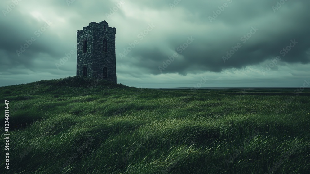 the tower under an overcast sky, its weathered stone contrasting with the lush green grasses that surround it the tower under an overcast sky, its weathered stone contrasting with the lush green grasses that surround it