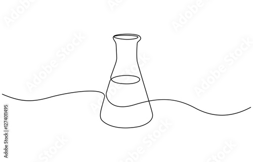 One continuous line drawing of Erlenmeyer flask. Single line of Erlenmeyer flask vector illustration, Test flask one continuous line illustration. Hand drawn doodle sketch of medical.