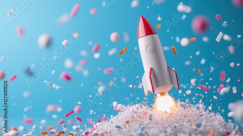 Fototapeta Naklejka Na Ścianę i Meble -  Galaxy outer space party. A colorful rocket launching amidst confetti and sprinkles on a playful background.