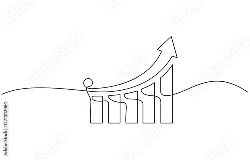 Growing graph in continuous single line drawing style business chart icon vector illustration, Chart graph with down arrow in continuous single line style. Concept of business decline, down growth.