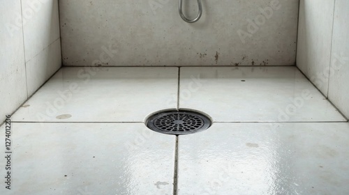 A simple shower floor with a central drain, featuring off-white tiles and subtle water marks