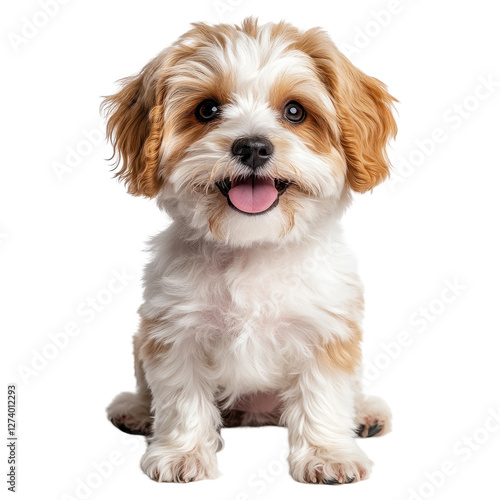 A cheerful dog with fluffy fur, showcasing an adorable smile and bright eyes. transparent background