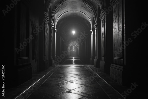 a long, narrow underground tunnel, with the faint glow of light at the end and the stark, high-contrast shadows of the walls