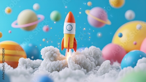 Galaxy outer space party. A colorful rocket launching through clouds and planets in a vibrant space scene.
