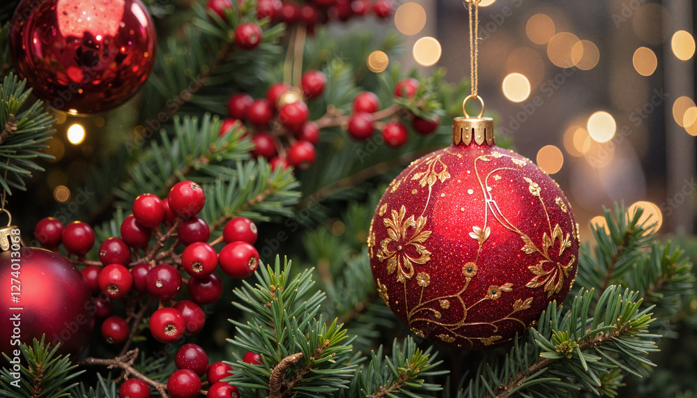 Cranberry ornament hanging on evergreen branch, festive decoration Cranberry ornament hanging on evergreen branch, festive decoration