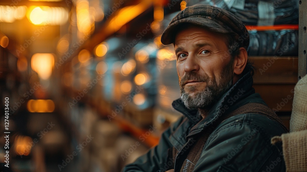 Fototapeta premium Confident mature male engineer standing by pallet truck and looking at camera while standing against packed spare parts.