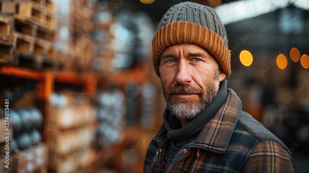 Confident mature male engineer standing by pallet truck and looking at camera while standing against packed spare parts. Confident mature male engineer standing by pallet truck and looking at camera while standing against packed spare parts.