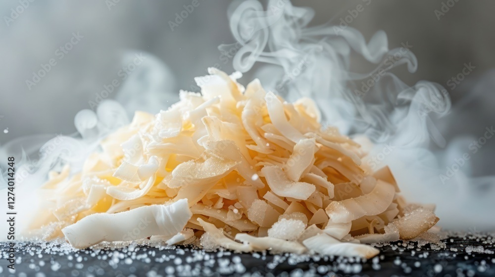 A pile of shredded coconut with steam rising, suggesting freshness and culinary use. A pile of shredded coconut with steam rising, suggesting freshness and culinary use.